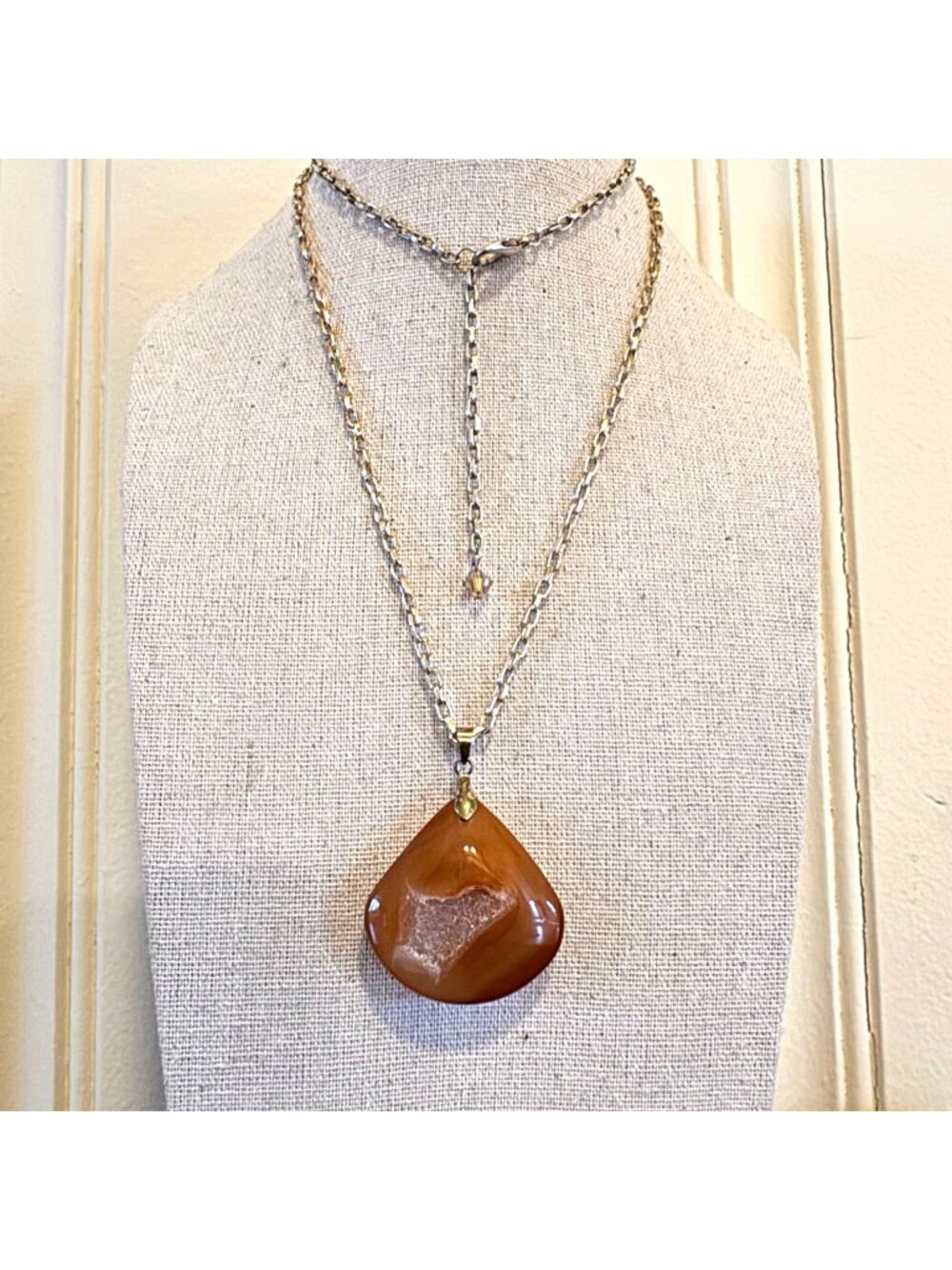 Carnelian Geode Pendant on Silver Plated Chain 30-32" Length